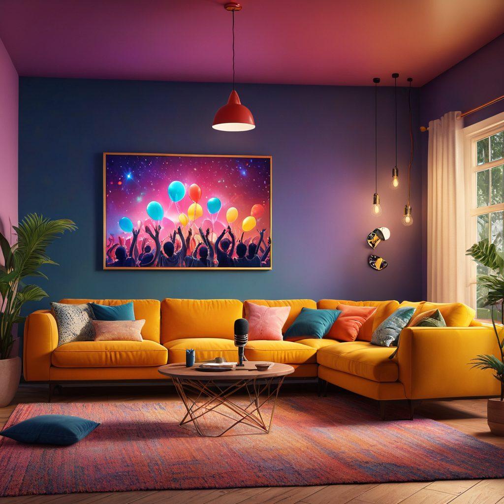 A lively home karaoke setup featuring a colorful microphone, a group of friends singing with joy, bright stage lights illuminating the room, and musical notes floating in the air. The atmosphere is filled with excitement, laughter, and creativity as the friends showcase their talents. The background has a cozy living room with upbeat decorations. vibrant colors. 3D. dynamic lighting.