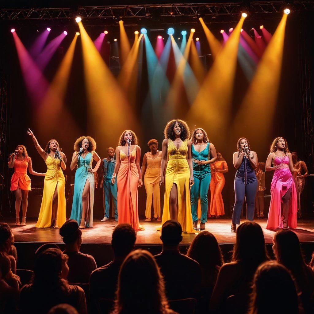 A captivating scene of a diverse group of singers, each showcasing a different vocal technique on a stage adorned with colorful lights. A mic stands at the center, with musical notes swirling around them and an audience captivated in the background. Highlight the emotion and passion in their expressions, with spotlights illuminating their faces. The atmosphere should feel electric and inspiring. vibrant colors. super-realistic.