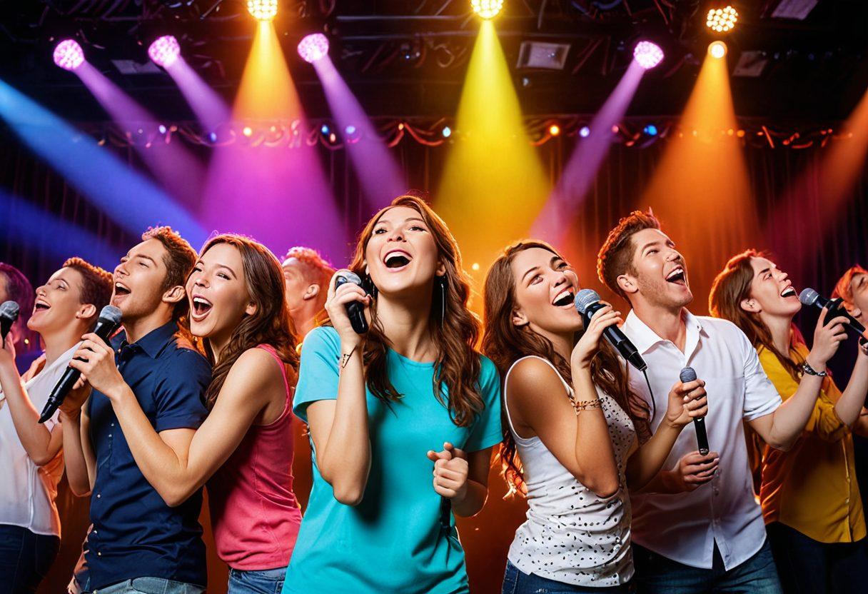 A lively scene in a vibrant karaoke room filled with joyful people singing into microphones, colorful spotlight beams illuminating their faces, a collection of essential playlists displayed on a screen in the background, musical notes floating in the air. super-realistic. vibrant colors. energetic atmosphere.